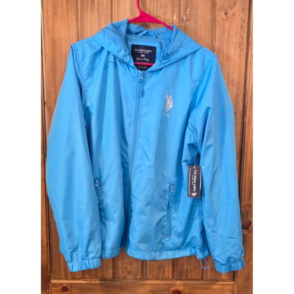 US Polo Assn. Windbreaker Jacket Womens L Blue Full-Zip Hooded Mesh Lined NWT